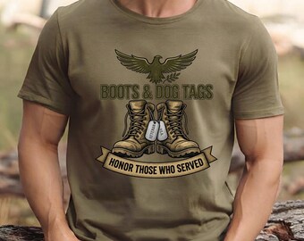Diseño de camiseta para el Día de los Veteranos, botas y placas de identificación militar, águila, honra a quienes sirvieron (descarga digital)