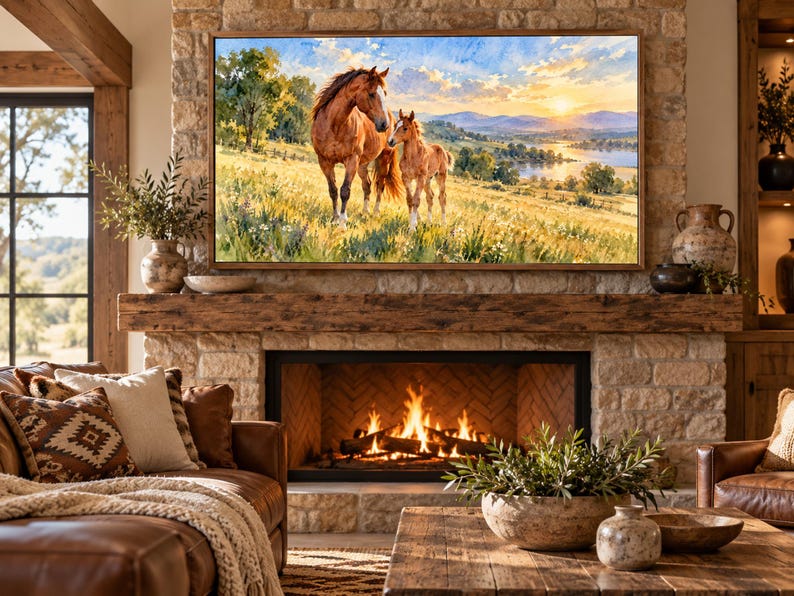 Puede incluir: Una impresi&oacute;n de arte mural rectangular que muestra una pintura de un caballo marr&oacute;n y un potro en un prado cubierto de hierba al atardecer, con colinas y un r&iacute;o al fondo, montada sobre una chimenea de piedra con fuego encendido.