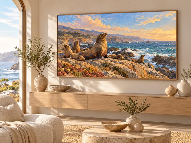May include: A rectangular wall art print featuring a coastal scene with several brown sea lions resting on rocky cliffs above a turquoise ocean. The sky is filled with soft orange and blue clouds during sunset, framed by a thin wooden border.