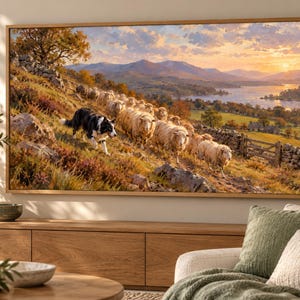 May include: A framed landscape painting depicting a black and white border collie herding a flock of sheep along a grassy hillside. The scene includes a stone wall, a distant lake, rolling mountains, and a sunset sky with warm golden light.