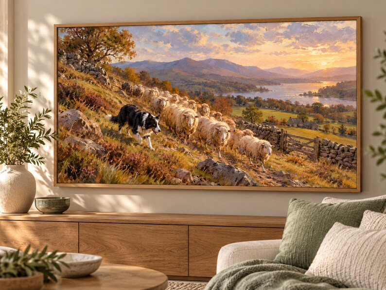 May include: A framed landscape painting depicting a black and white border collie herding a flock of sheep along a grassy hillside. The scene includes a stone wall, a distant lake, rolling mountains, and a sunset sky with warm golden light.