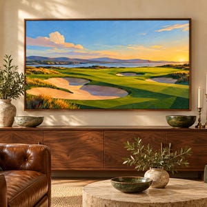 Puede incluir: Una impresi&oacute;n de arte mural rectangular que presenta una pintura de paisaje de un campo de golf al atardecer. La escena muestra calles verdes, b&uacute;nkeres de arena y un cuerpo de agua distante bajo un cielo azul y naranja, enmarcado en madera marr&oacute;n.