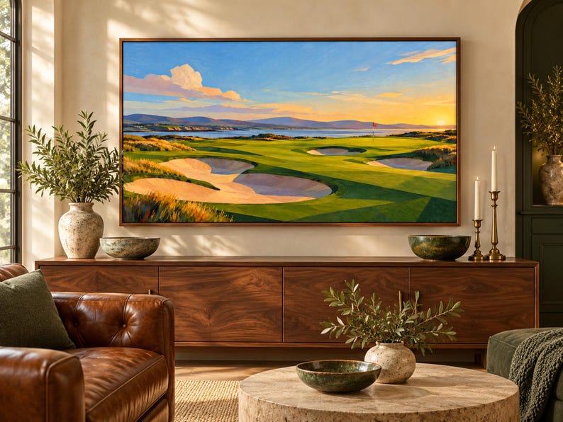Puede incluir: Una impresi&oacute;n de arte mural rectangular que presenta una pintura de paisaje de un campo de golf al atardecer. La escena muestra calles verdes, b&uacute;nkeres de arena y un cuerpo de agua distante bajo un cielo azul y naranja, enmarcado en madera marr&oacute;n.
