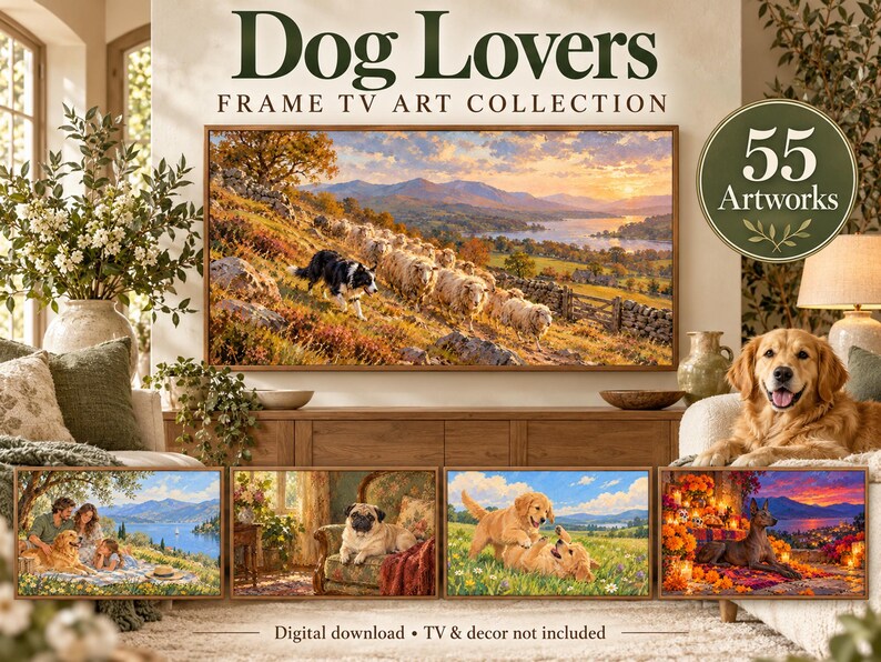 May include: A digital collection titled Dog Lovers Frame TV Art Collection featuring 55 artworks. The main image shows a border collie herding sheep in a hilly landscape. Four smaller images display various dog scenes. Text reads Digital download.
