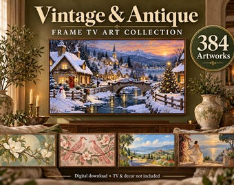 May include: A digital collection of 384 artworks titled Vintage & Antique Frame TV Art Collection. The main image displays a snowy winter village scene with a stone bridge, houses, and a Christmas tree. Four smaller landscape art samples are below.