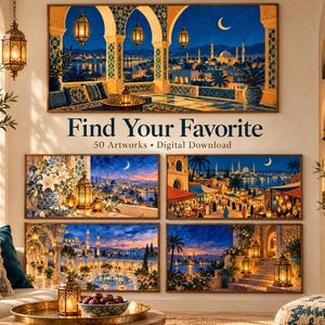 May include: A digital download collection featuring 50 artworks with Middle Eastern architectural themes, including night scenes of illuminated mosques, courtyards, and bustling markets under crescent moons, displayed as framed prints on a wall.