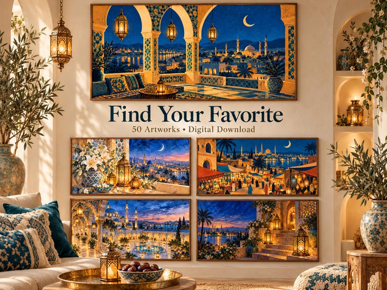 May include: A digital download collection featuring 50 artworks with Middle Eastern architectural themes, including night scenes of illuminated mosques, courtyards, and bustling markets under crescent moons, displayed as framed prints on a wall.