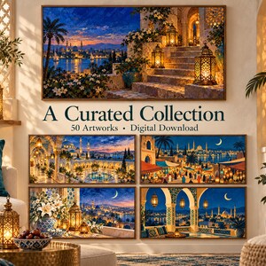May include: A digital download collection of 50 artworks featuring vibrant scenes of Middle Eastern architecture, illuminated lanterns, coastal cityscapes at dusk, and lush gardens under a crescent moon, presented as a curated set of wall art.