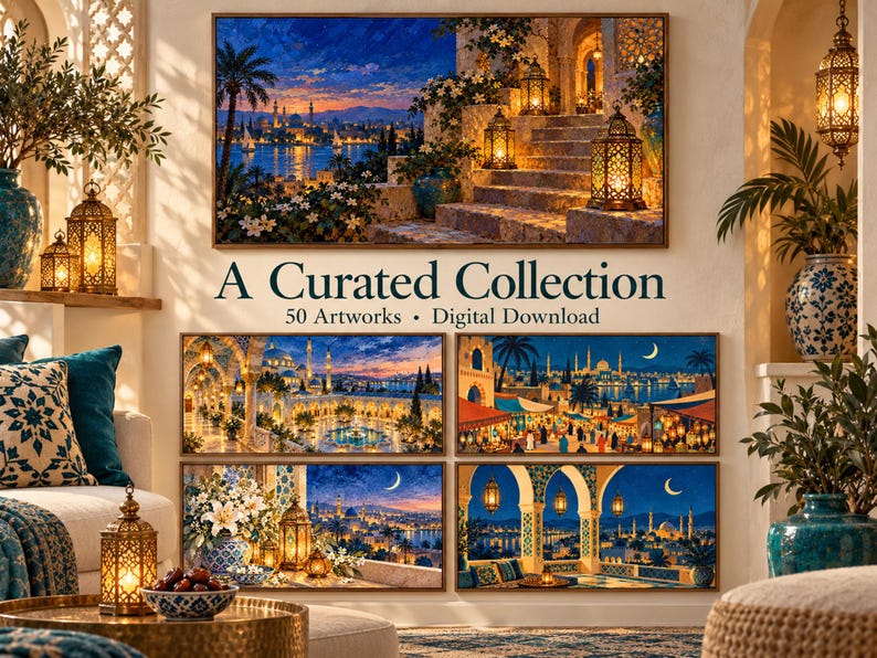 May include: A digital download collection of 50 artworks featuring vibrant scenes of Middle Eastern architecture, illuminated lanterns, coastal cityscapes at dusk, and lush gardens under a crescent moon, presented as a curated set of wall art.