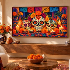 Dia de los Muertos フレーム TV アート バンドル、サムスン フレーム TV 用 50 日の死者のデザイン、カラベラ & マリーゴールド アート、オフレンダ装飾、4K 画像 10