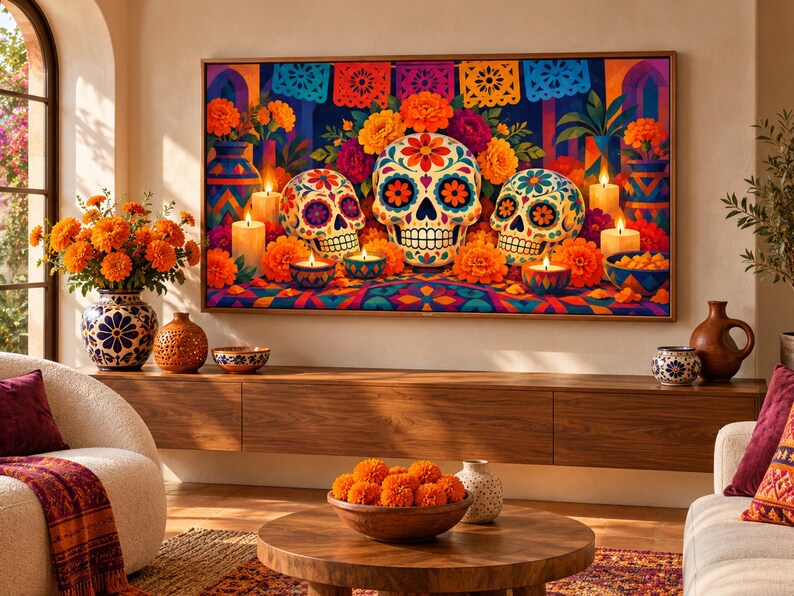 Dia de los Muertos フレーム TV アート バンドル、サムスン フレーム TV 用 50 日の死者のデザイン、カラベラ & マリーゴールド アート、オフレンダ装飾、4K 画像 10