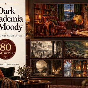 以下が含まれることがあります： Dark Academia & Moody Frame TV Art Collectionと題された80点のアートワークのデジタルコレクション。画像には、図書館、石橋、嵐の海、石のアーチ、書店を描いた5つの異なる風景画が表示されています。