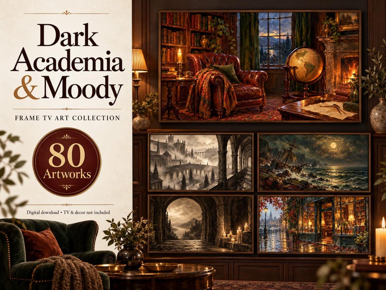 以下が含まれることがあります： Dark Academia & Moody Frame TV Art Collectionと題された80点のアートワークのデジタルコレクション。画像には、図書館、石橋、嵐の海、石のアーチ、書店を描いた5つの異なる風景画が表示されています。