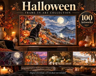 Puede incluir: Una colección digital de 100 obras de arte de Halloween para un televisor tipo marco. La imagen principal muestra un gato negro sobre un muro de piedra con calabazas, follaje otoñal, luna llena y un castillo. Cuatro imágenes pequeñas muestran un cuervo, una cabaña, calabazas y fantasmas.