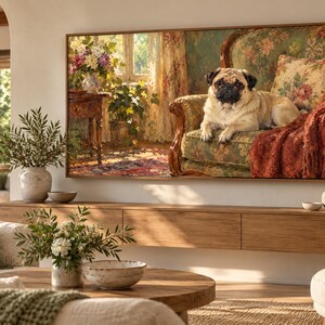 May include: A rectangular wall art print featuring a fawn-colored pug resting on a floral patterned armchair. The scene includes a wooden side table, a vase of colorful flowers, and a window with light curtains, all rendered in a painterly style.