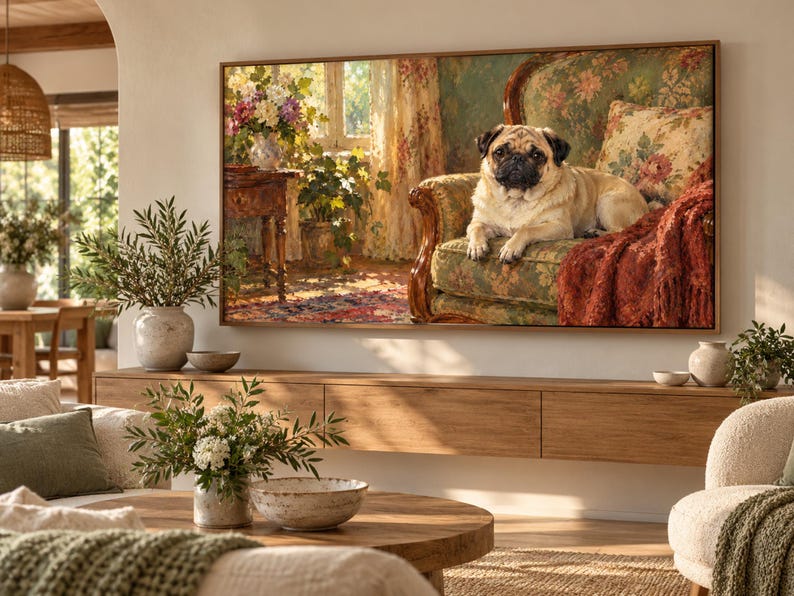 May include: A rectangular wall art print featuring a fawn-colored pug resting on a floral patterned armchair. The scene includes a wooden side table, a vase of colorful flowers, and a window with light curtains, all rendered in a painterly style.