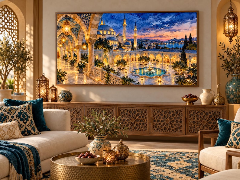 May include: A large rectangular wall art print depicting a mosque courtyard at sunset with illuminated arches, a central fountain, and a blue sky. The artwork is framed in wood and displayed above a long wooden cabinet with intricate carved patterns.