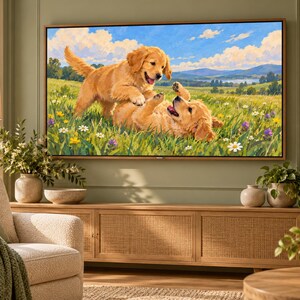 May include: A wall-mounted television displaying a vibrant painting of two golden retriever puppies playing in a lush green meadow filled with wildflowers under a bright blue sky with fluffy white clouds and distant rolling hills.