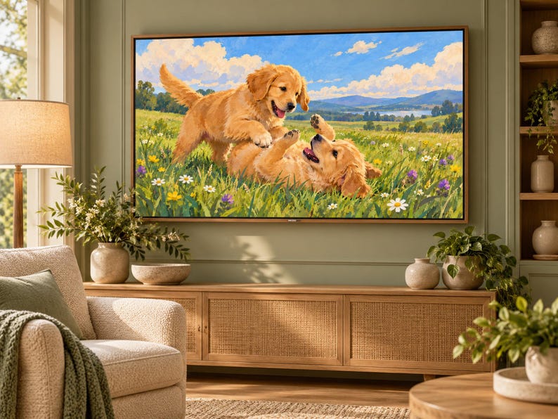 May include: A wall-mounted television displaying a vibrant painting of two golden retriever puppies playing in a lush green meadow filled with wildflowers under a bright blue sky with fluffy white clouds and distant rolling hills.