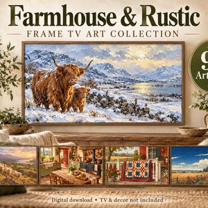 Puede incluir: Una colecci&oacute;n de descarga digital titulada Farmhouse & Rustic Frame TV Art Collection con 92 obras de arte. La imagen principal muestra una vaca Highland y su cr&iacute;a en un paisaje nevado. Cuatro pinturas de paisajes m&aacute;s peque&ntilde;as se muestran debajo.