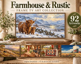 May include: A digital download collection titled Farmhouse & Rustic Frame TV Art Collection featuring 92 artworks. The main image shows a Highland cow and calf in a snowy landscape. Four smaller landscape paintings are displayed below the main TV screen.