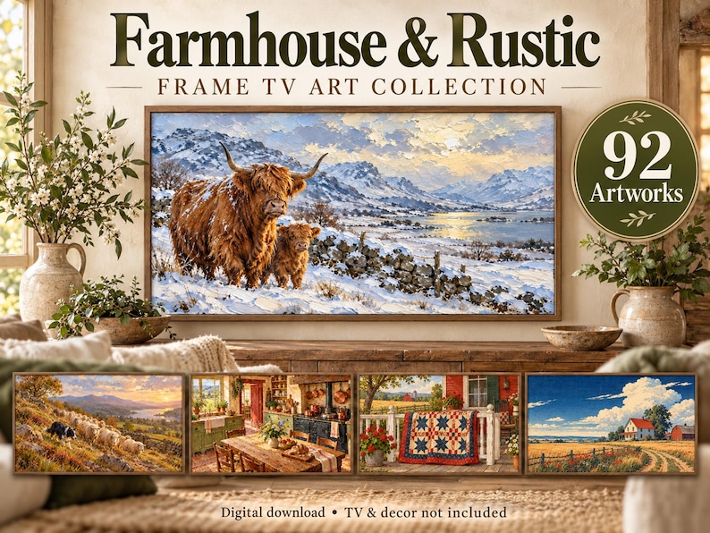 Puede incluir: Una colecci&oacute;n de descarga digital titulada Farmhouse & Rustic Frame TV Art Collection con 92 obras de arte. La imagen principal muestra una vaca Highland y su cr&iacute;a en un paisaje nevado. Cuatro pinturas de paisajes m&aacute;s peque&ntilde;as se muestran debajo.