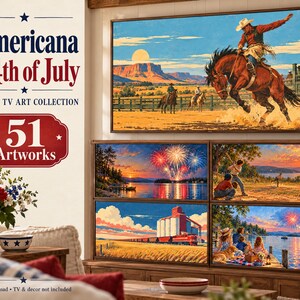 May include: A digital collection of 51 artworks titled Americana & 4th of July Frame TV Art Collection. The display shows a large screen featuring a cowboy on a bucking horse, with smaller screens below depicting fireworks, baseball, a train, and a picnic.