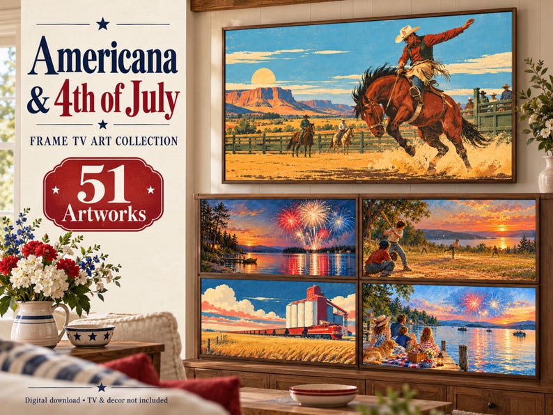May include: A digital collection of 51 artworks titled Americana & 4th of July Frame TV Art Collection. The display shows a large screen featuring a cowboy on a bucking horse, with smaller screens below depicting fireworks, baseball, a train, and a picnic.