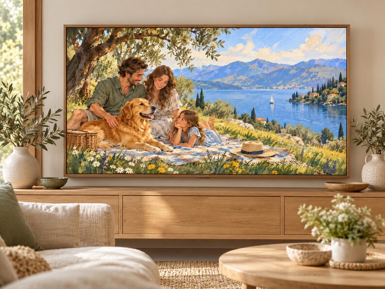 May include: A framed landscape painting depicting a family of three and a golden retriever sitting on a picnic blanket under a tree. The scene features a blue lake, distant mountains, a sailboat, and a grassy meadow filled with yellow and white flowers.