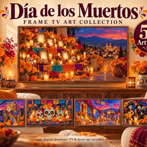 Dia de los Muertos フレーム TV アート バンドル、サムスン フレーム TV 用 50 日の死者のデザイン、カラベラ & マリーゴールド アート、オフレンダ装飾、4K 画像 1