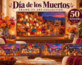 Paquete de arte de TV Frame del Día de los Muertos, 50 diseños del Día de Muertos para Samsung Frame TV, Calavera & Marigold Art, Ofrenda Decor, 4K
