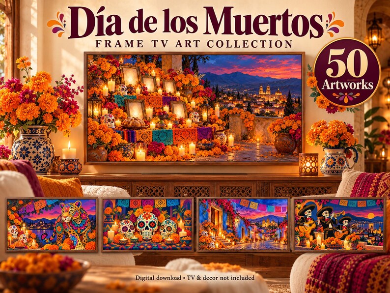 Dia de los Muertos フレーム TV アート バンドル、サムスン フレーム TV 用 50 日の死者のデザイン、カラベラ & マリーゴールド アート、オフレンダ装飾、4K 画像 1