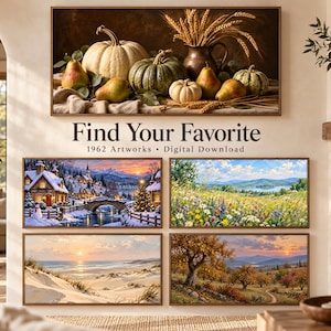 May include: A digital download collection featuring five framed landscape artworks. The top image displays pumpkins, pears, and wheat. The lower four images depict a snowy winter village, a wildflower meadow, a sandy beach at sunset, and an autumn orchard.
