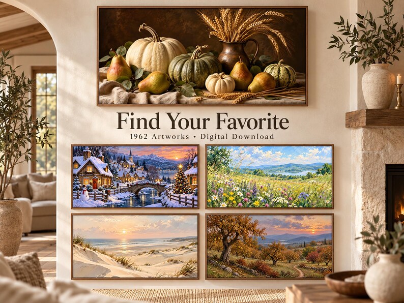 May include: A digital download collection featuring five framed landscape artworks. The top image displays pumpkins, pears, and wheat. The lower four images depict a snowy winter village, a wildflower meadow, a sandy beach at sunset, and an autumn orchard.