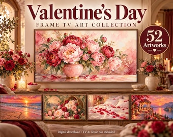 Paquete de 52 marcos románticos para TV con motivos florales, parejas y palomas para el Día de San Valentín (descarga digital).