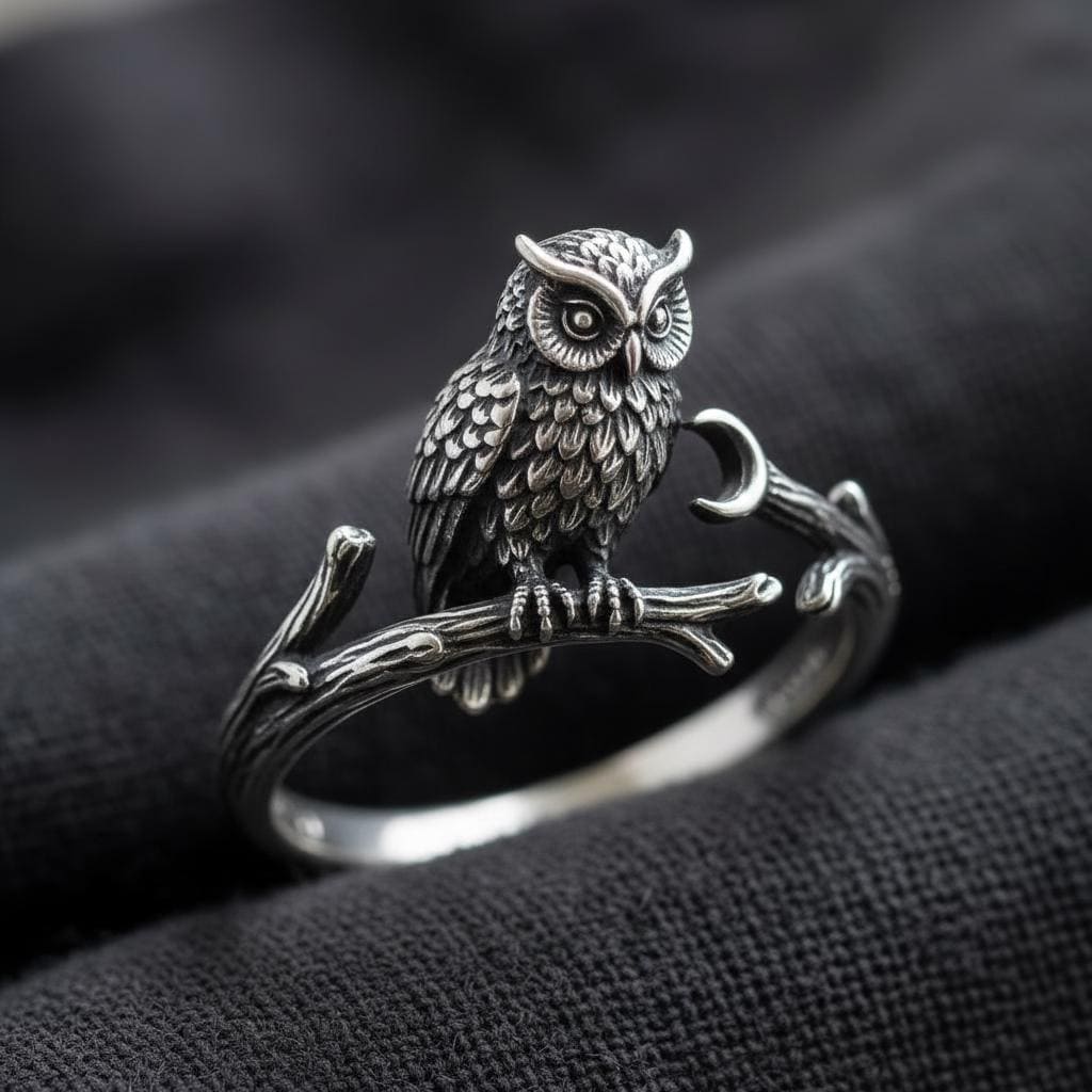 Owl Branch Ring Silver Gothic Animal Open Band Nature Jewelry