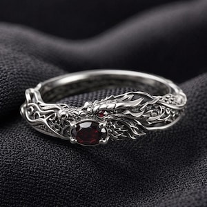 Silver Tone Dragon Ring, Gothic Serpent Band, Red Stone Fantasy Jewelry