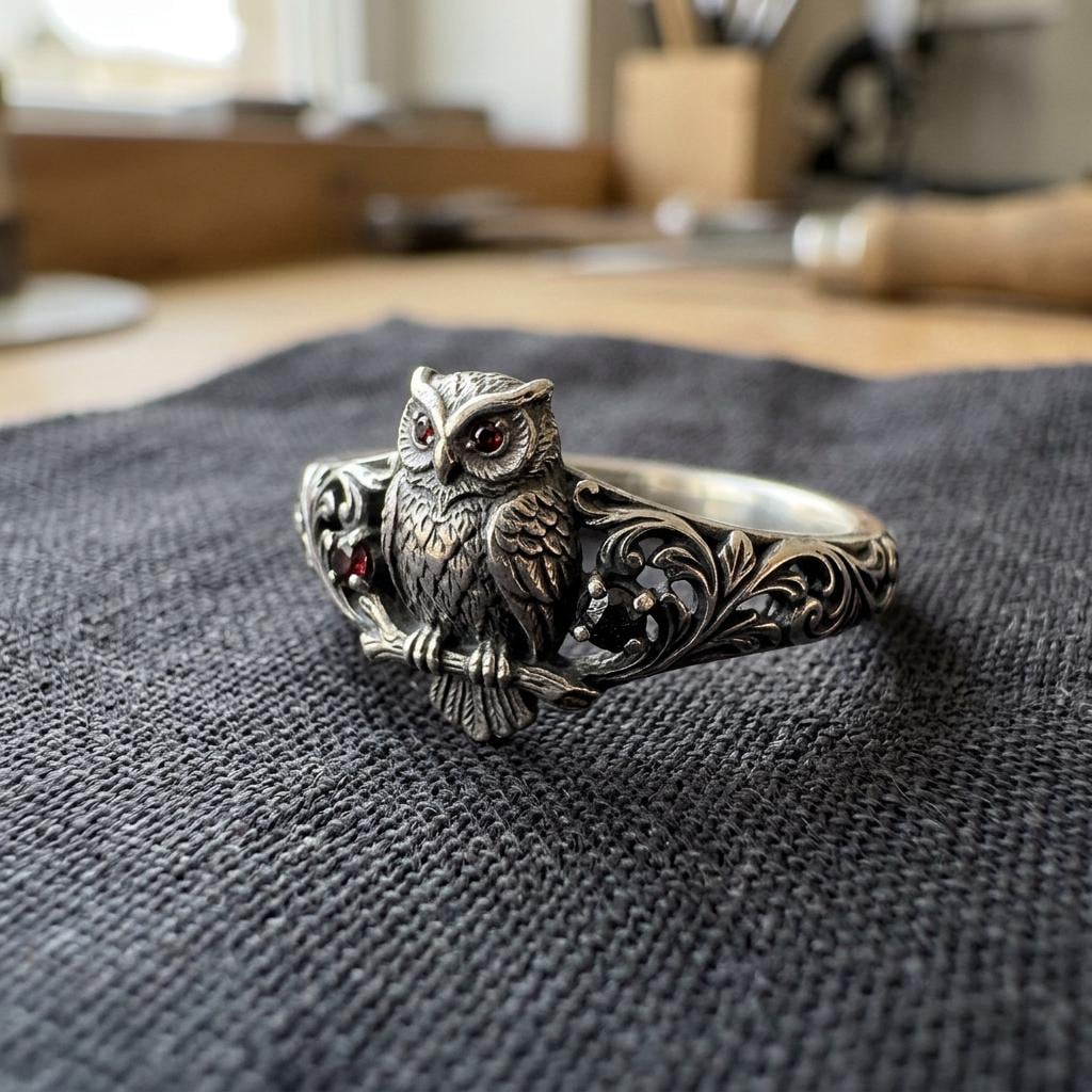 Owl Silver Ring with Red Stone Eyes and Engraved Vine Band