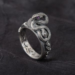 Könnte beinhalten: Ein silberner Ring mit einem detaillierten Schlangenmotiv. Die Schlange windet sich um das Band, mit einem lila Edelsteinauge. Der Ring hat ein verziertes, strukturiertes Band mit dekorativen Mustern und kleinen, klaren Edelsteinen.