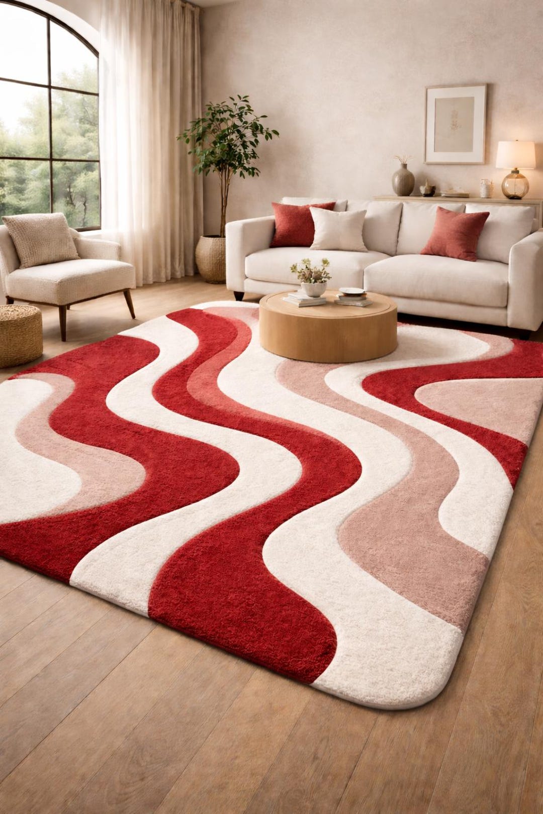 Contemporary Red Wave Pattern Area Rug in Elegant Living Room - Etsy