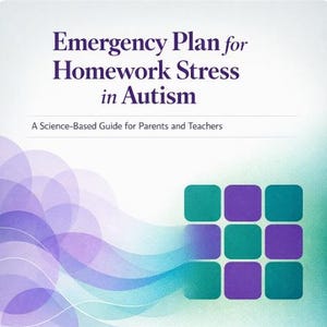 Könnte beinhalten: Buchcover mit dem Titel „Notfallplan für Hausaufgabenstress bei Autismus“. Das Cover zeigt ein abstraktes Design in Türkis und Lila mit Text. Der Ratgeber richtet sich an Eltern und Lehrer und bietet Strategien und Unterstützung.