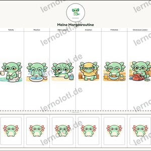 以下が含まれることがあります： 漫画のウーパールーパーのキャラクターが登場する視覚的なモーニングルーティンチャート。チャートは、起きる、トイレに行く、洗う、歯を磨く、着替える、朝食を食べる、バックパックを詰める、靴を履くなど、さまざまな活動を行うウーパールーパーを示しています。