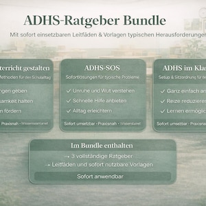 Könnte beinhalten: Ein Bild eines Bündels von Leitfäden und Vorlagen zur Unterstützung bei ADHS. Der Text enthält "ADHS-Ratgeber Bundle" und Details zu Klassenzimmer-Setup, Problemlösung und Lehrmethoden. Der Hintergrund zeigt ein Klassenzimmer.
