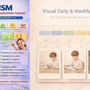 Könnte beinhalten: Ein Autismus-Regulierungs- und Kommunikations-Toolkit mit dem Text "AUTISMUS" und "Regulierungs- und Kommunikations-Toolkit". Enthält einen visuellen Tages- und Wochenplan für Kinder im Autismus-Spektrum. Das Toolkit enthält PDF-Dateien.
