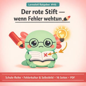 May include: Illustration of a sad, cartoon axolotl wearing glasses, holding an open book with a red 'X' mark. A red pencil and a lightbulb are also featured. Text reads "Der rote Stift - wenn Fehler wehtun" and "Lernolotl Ratgeber #46".