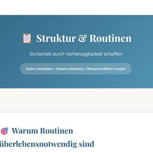 May include: A teal-colored graphic with the words "Struktur & Routinen" in white. Below, the text "Sicherheit durch Vorhersagbarkeit schaffen" is displayed. A button reads "Sofort umsetzbar • Visuell unterstützt • Wissenschaftlich fundiert".