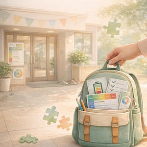May include: A teal backpack with a beige pocket, held by a hand, containing papers, pencils, and a color wheel. The image includes puzzle pieces and text that reads "Schulstart-Guide für Eltern autistischer Kinder" and "Kommunikation ohne Worte - Sicherheit im Alltag."