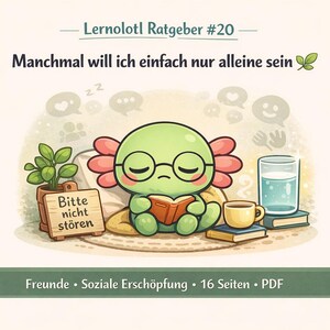 May include: Illustration of a green axolotl wearing glasses, reading a book, and surrounded by items like a plant, coffee, and a glass of water. Text includes "Lernolotl Ratgeber #20" and "Bitte nicht stören."