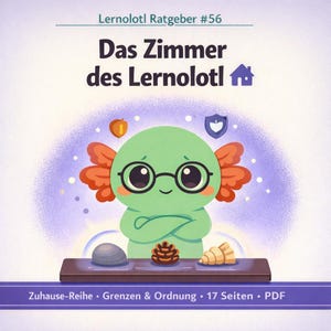 Könnte beinhalten: Illustration eines grünen Cartoon-Charakters mit Brille, betitelt "Das Zimmer des Lernolotl." Das Bild enthält deutschen Text, ein Haus-Symbol und verschiedene Objekte auf einem Regal, darunter ein Stein und ein Tannenzapfen.