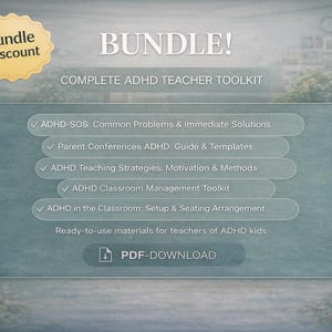 Puede incluir: Un gráfico digital que anuncia un Complete ADHD Teacher Toolkit. La imagen presenta una insignia de descuento de paquete y una lista de recursos, que incluyen soluciones, guías, estrategias y herramientas de gestión del aula. El texto incluye "PDF-DOWNLOAD".